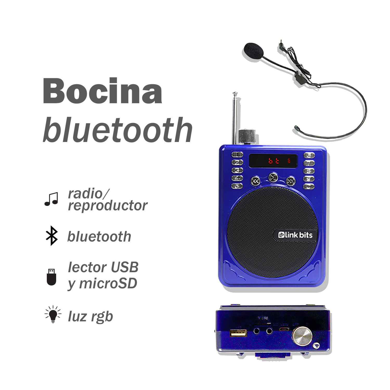 Bocina Portátil Bluetooth Color Azul con Micrófono de Diadema Link Bits SPE-593A