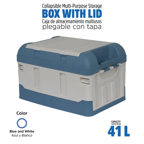 Caja Almacenamiento Plegable Organizador Con Tapa 41 Litros Azul con Blanco