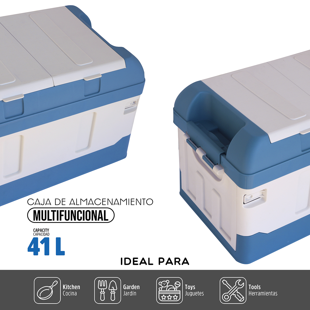 Caja Almacenamiento Plegable Organizador Con Tapa 41 Litros Azul con Blanco