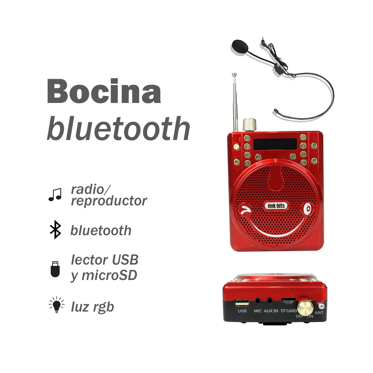 Bocina Portátil Bluetooth Color Roja con Micrófono de Diadema Link Bits SPE-558BT