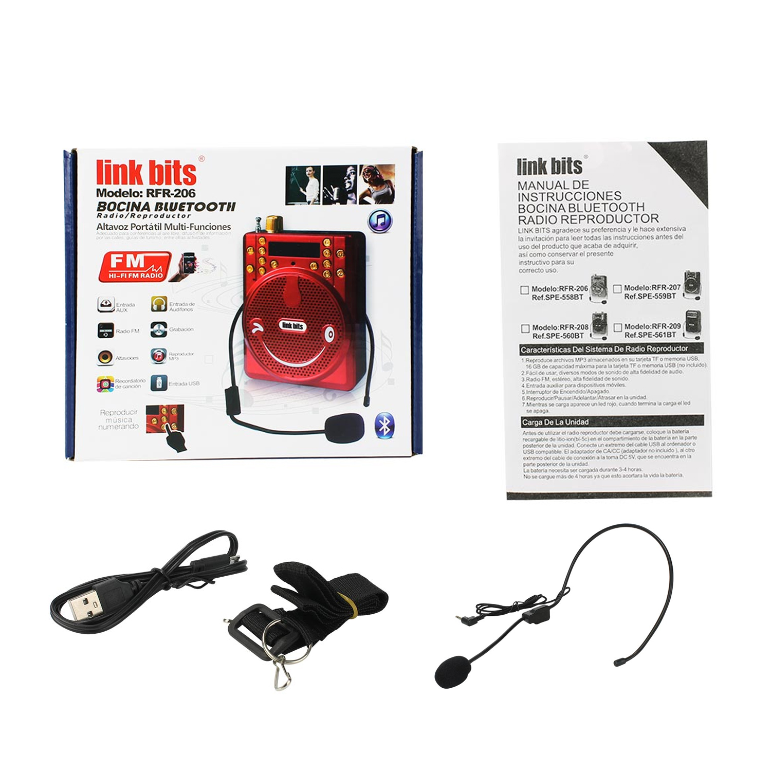 Bocina Portátil Bluetooth Color Roja con Micrófono de Diadema Link Bits SPE-558BT
