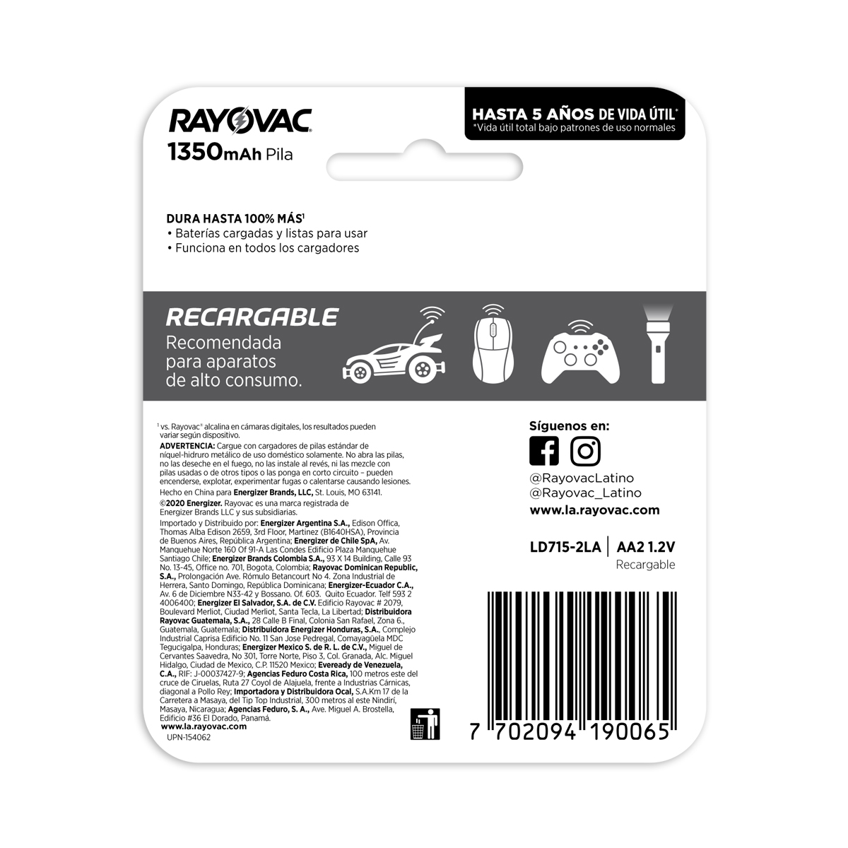Pilas Baterías Rayovac Recargables 2 Piezas AA 1350 mAh