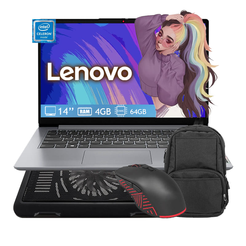 Laptop Lenovo Ideapad 1 14IGL7 Intel Celeron N4020 Ram 4GB- Disco 64GB Windows 11 - Plateada + Mochila + Mouse + Base Enfriadora