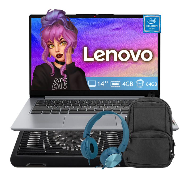 Laptop Lenovo Ideapad 1 14IGL7 Intel Celeron N4020 Ram 4GB- Disco 64GB Windows 11 - Plateada + Mochila + Diadema + Base Enfriadora