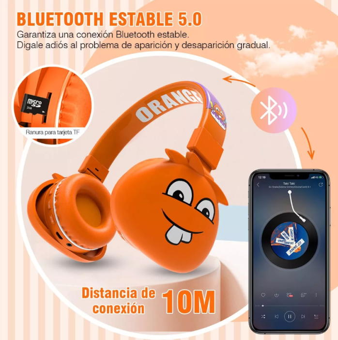 Audífonos De Diadema Bluetooth Infantil Naranja