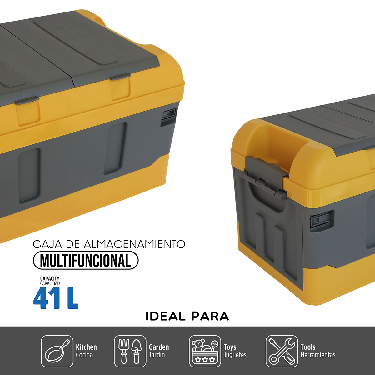 Caja Almacenamiento Plegable Organizador Con Tapa 41 Litros Amarillo con Gris