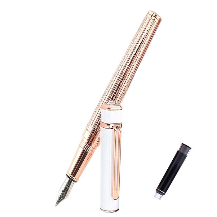 Plumas Tipo Fuente Punto Fina MXLIK-002 2pzas 0,5mm RosaBlanco 2 Tintas Negras Acero Inoxidable Para Cartucho SmallCartri, FloralRose