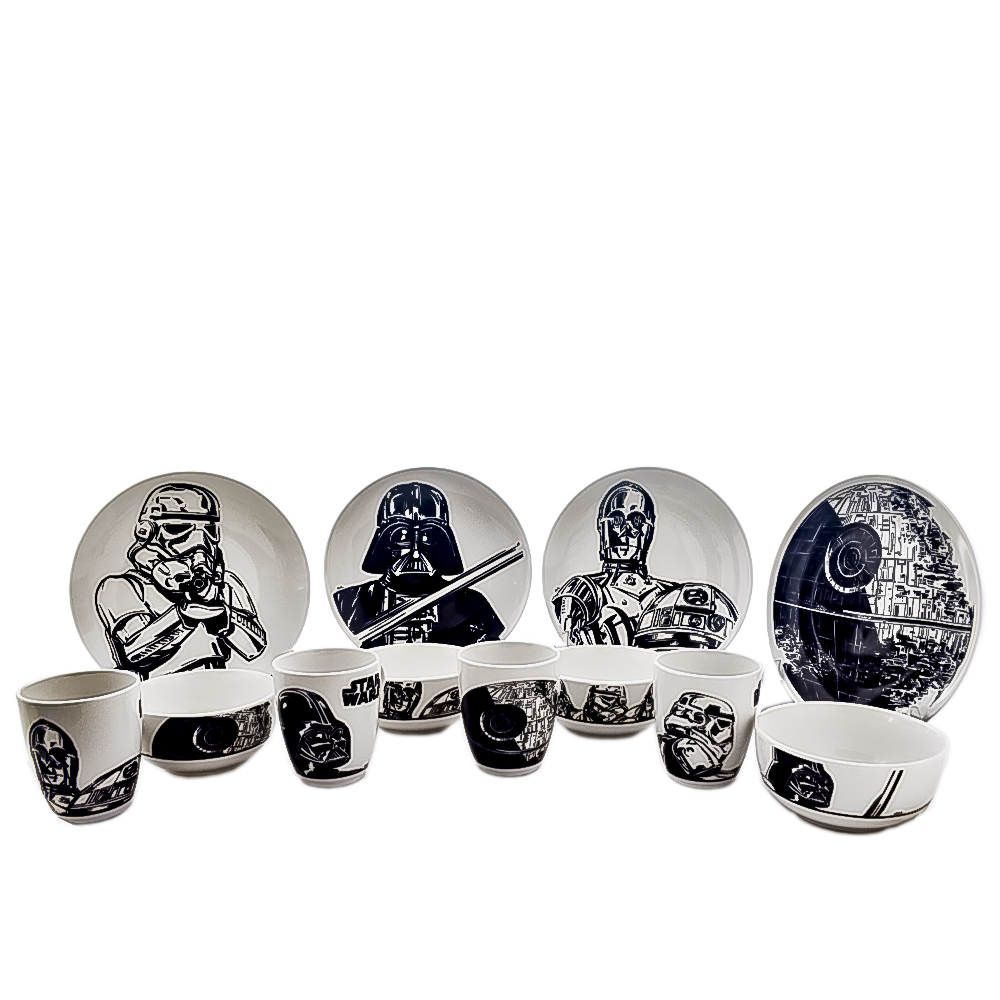 Fun Kids 2415-3089 Vajilla Porcelana Disney Star Wars Darth Vader Stormtrooper Blanco con Negro 12 pzas 4 personas