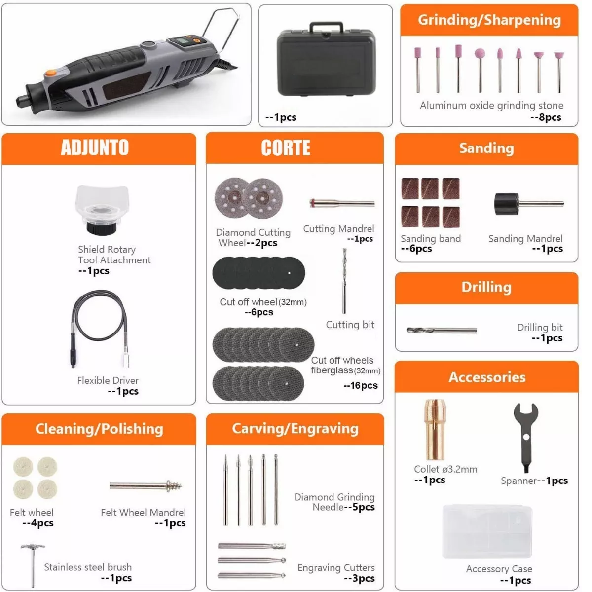 Kit Mini Taladro Mototool Pulidora Eléctrica Velocidad Regulable 200W