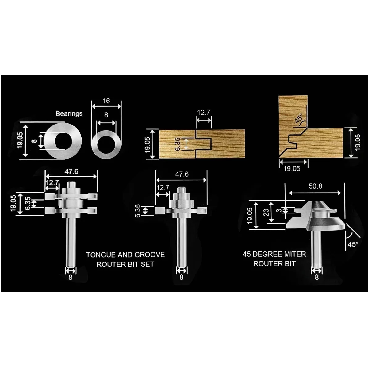 Kit 3 Brocas Fresas Router Ensamble Machimbrado Zanco 1/4