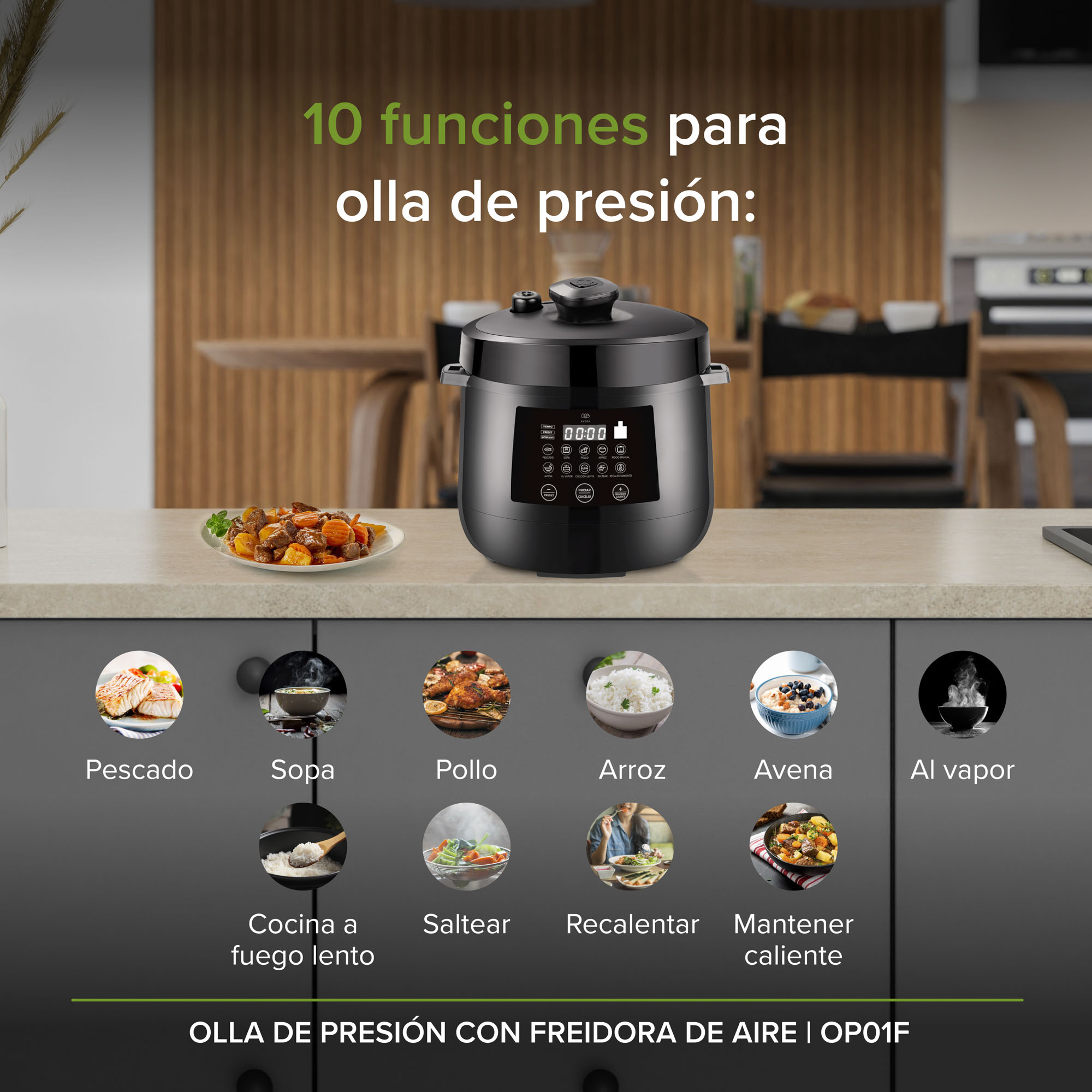 Olla De Presión Multifunción Airfryer 10 Presets  Avera OP01F