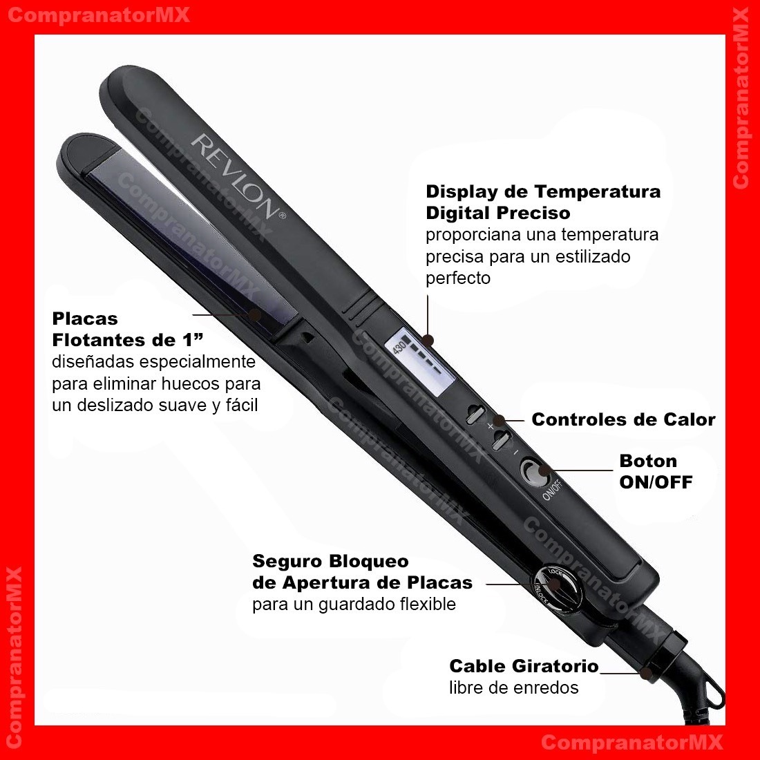 Plancha de cabello Revlon Perfect Heat Straight 3X Ceramic 1" Digital Flat Iron RVST2082 negra 110V