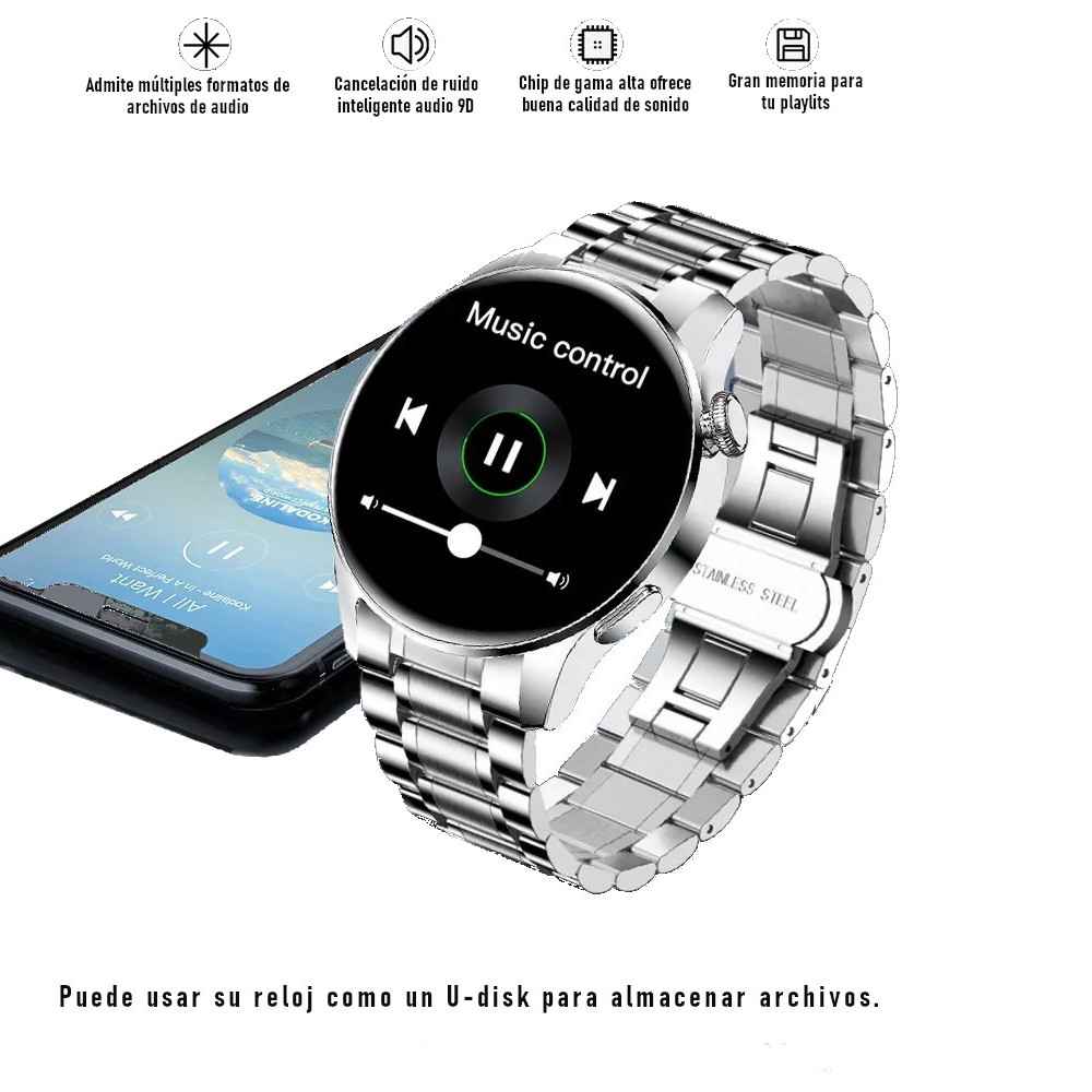 Reloj inteligente smart watch bluetooth multifuncional, metálico, resistente al agua.