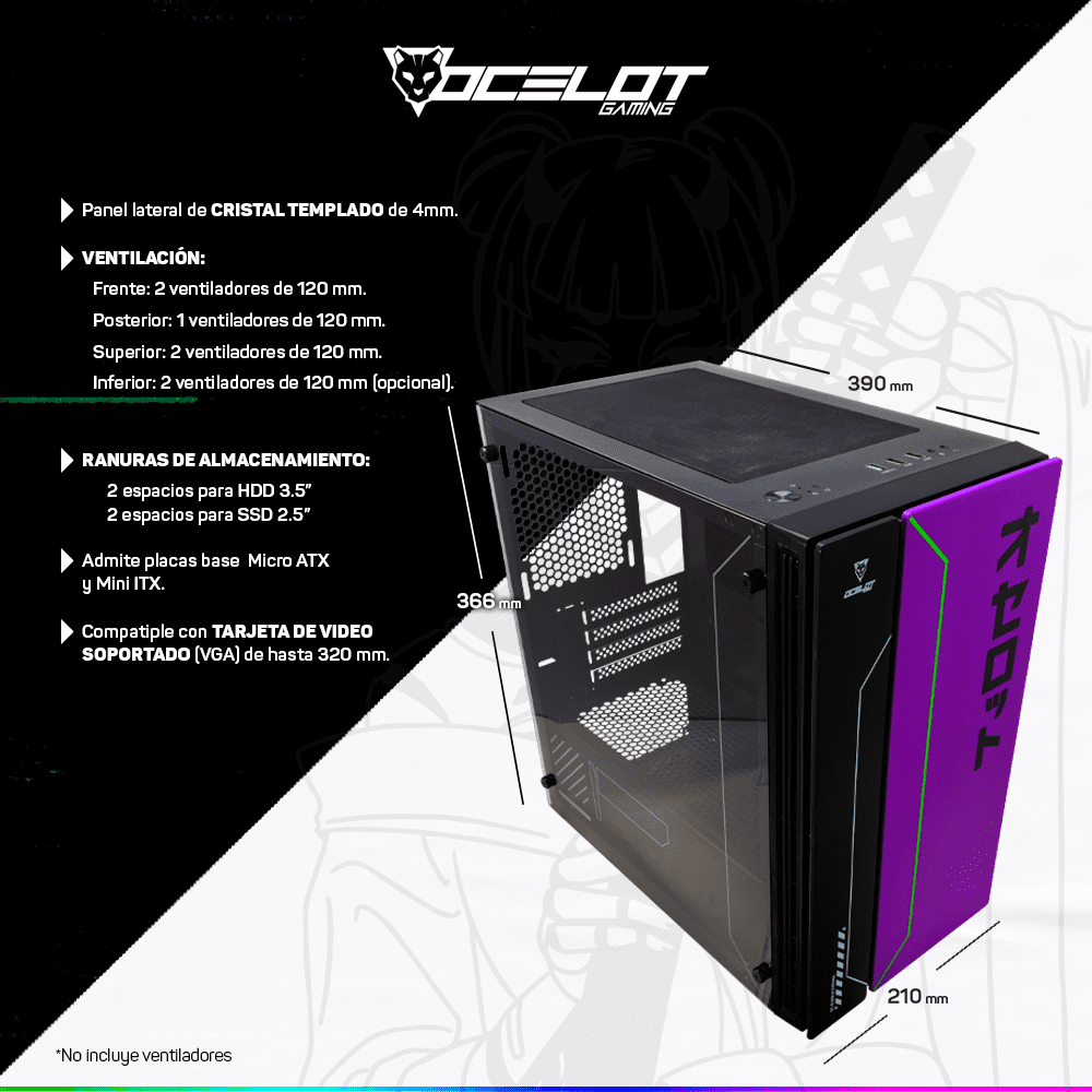 Gabinete Ocelot Gaming Purple Katana mATX, Cristal Templado, sin Fuente, Morado y Negro