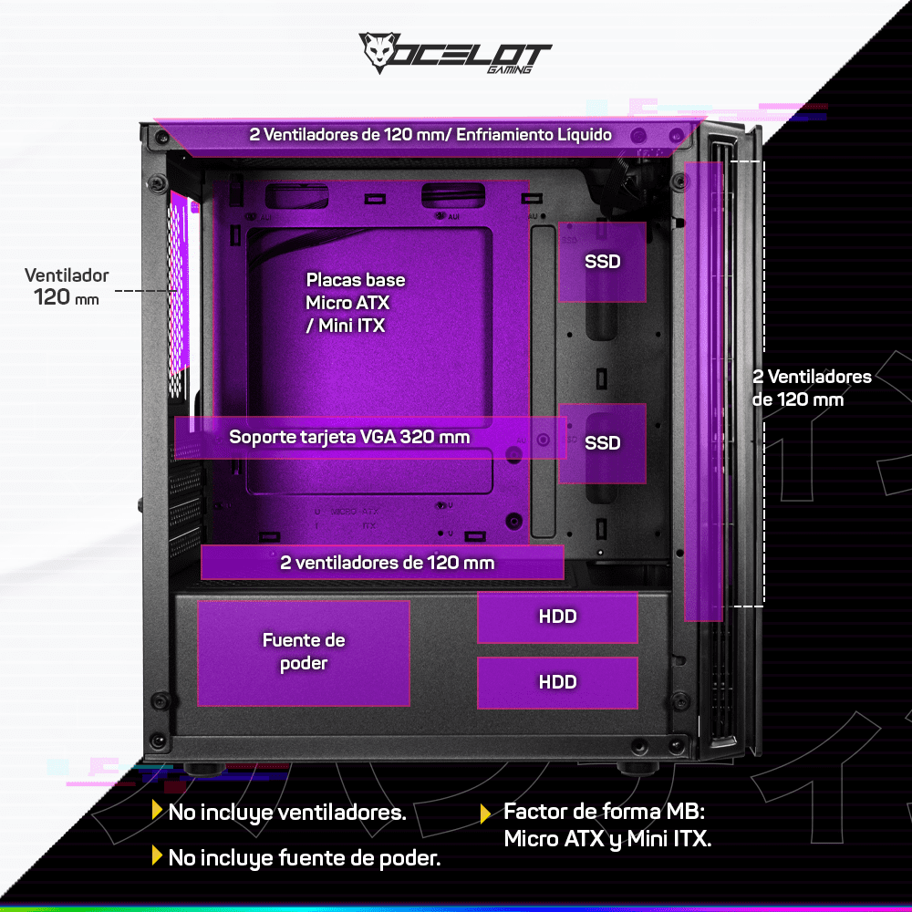 Gabinete Ocelot Gaming Purple Katana mATX, Cristal Templado, sin Fuente, Morado y Negro
