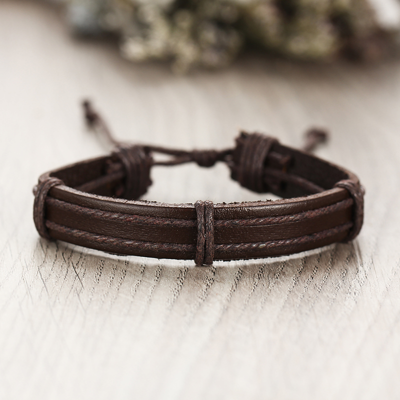 Pulseras Hombre Cuerda Piel Set 5 Con Placa