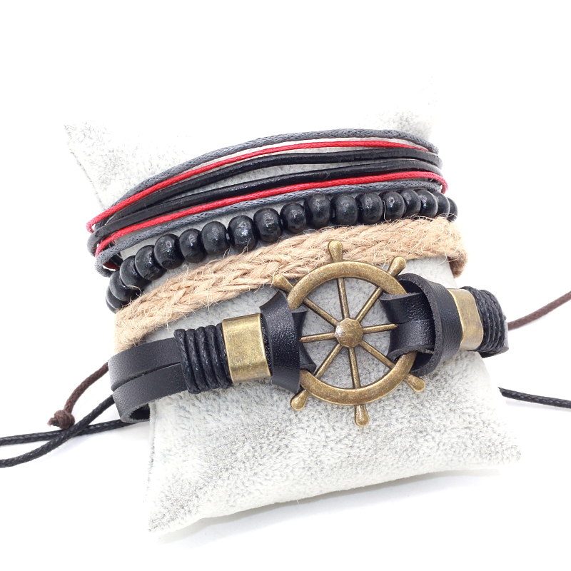 Pulseras Hombre Cuerda Piel Set 4 C/ Dije Timón De Barco