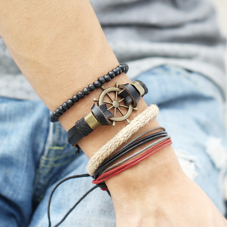 Pulseras Hombre Cuerda Piel Set 4 C/ Dije Timón De Barco