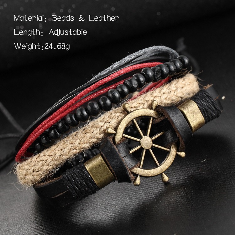 Pulseras Hombre Cuerda Piel Set 4 C/ Dije Timón De Barco