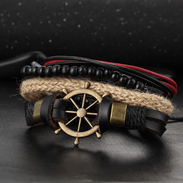 Pulseras Hombre Cuerda Piel Set 4 C/ Dije Timón De Barco