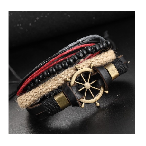 Pulseras Hombre Cuerda Piel Set 4 C/ Dije Timón De Barco
