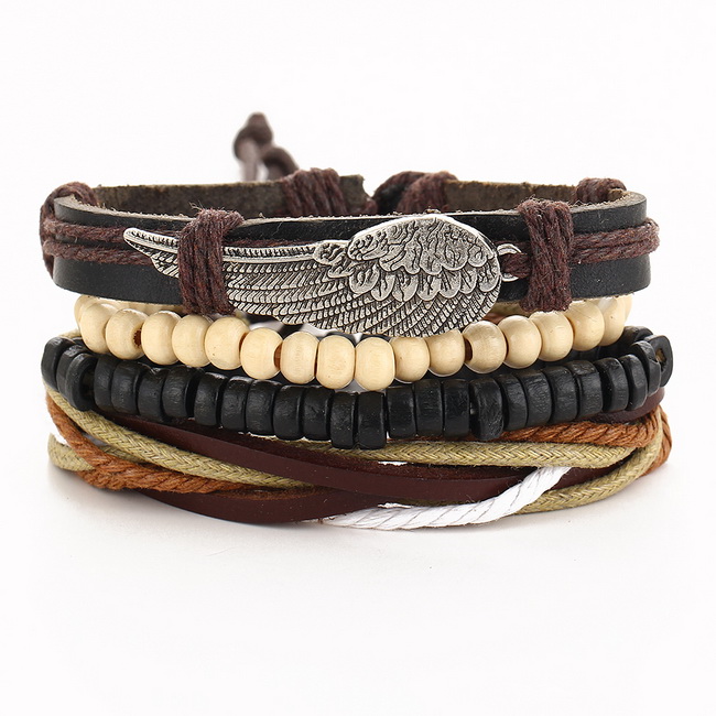 Pulseras Hombre Cuerda Piel Set 4 C/ Dije De Plumas Plateada