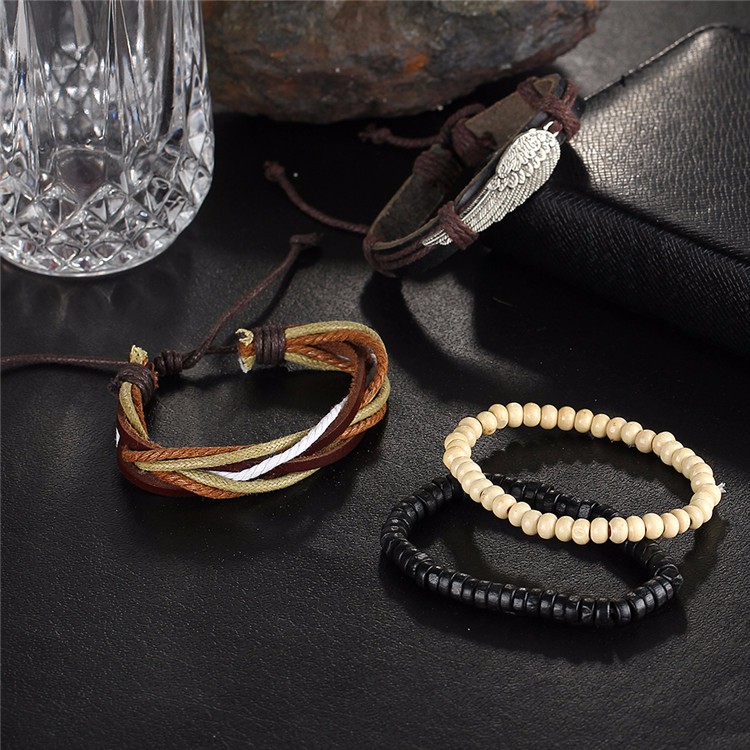 Pulseras Hombre Cuerda Piel Set 4 C/ Dije De Plumas Plateada