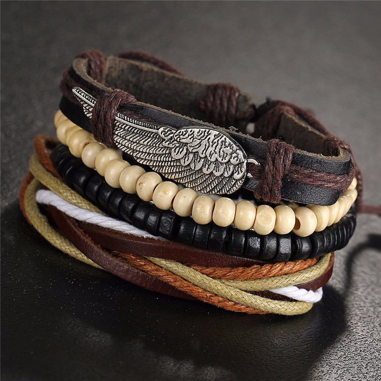 Pulseras Hombre Cuerda Piel Set 4 C/ Dije De Plumas Plateada