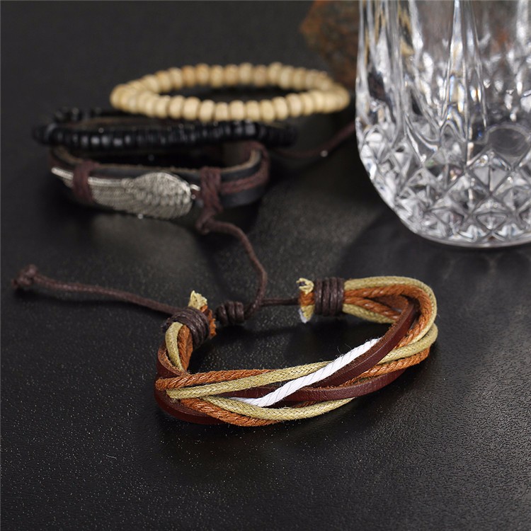Pulseras Hombre Cuerda Piel Set 4 C/ Dije De Plumas Plateada