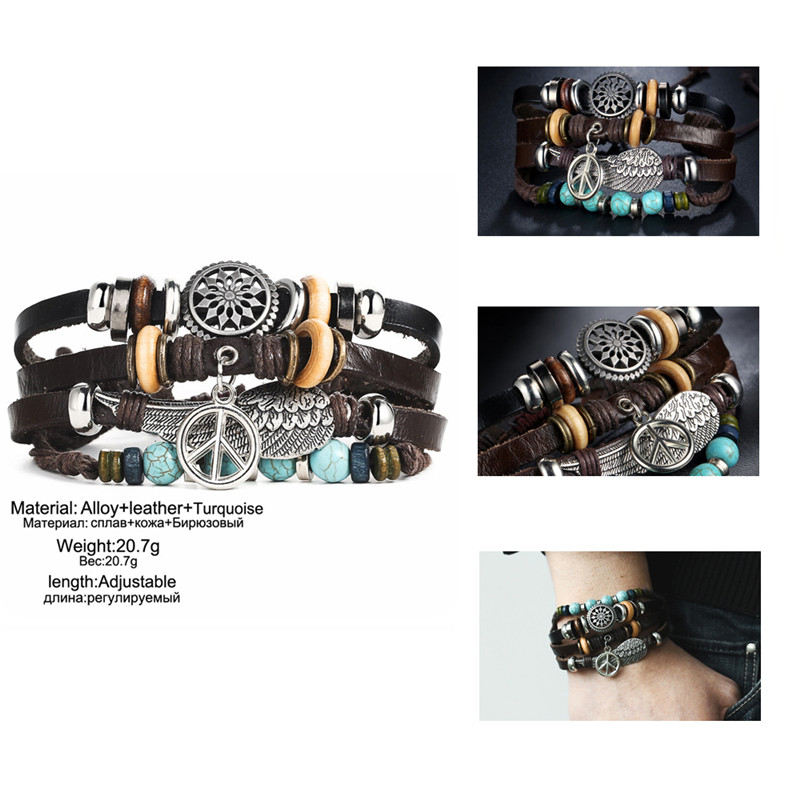 Pulseras Hombre Cuerda Piel Set 4 Amor Y Paz