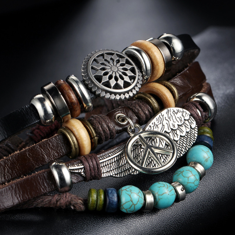 Pulseras Hombre Cuerda Piel Set 4 Amor Y Paz