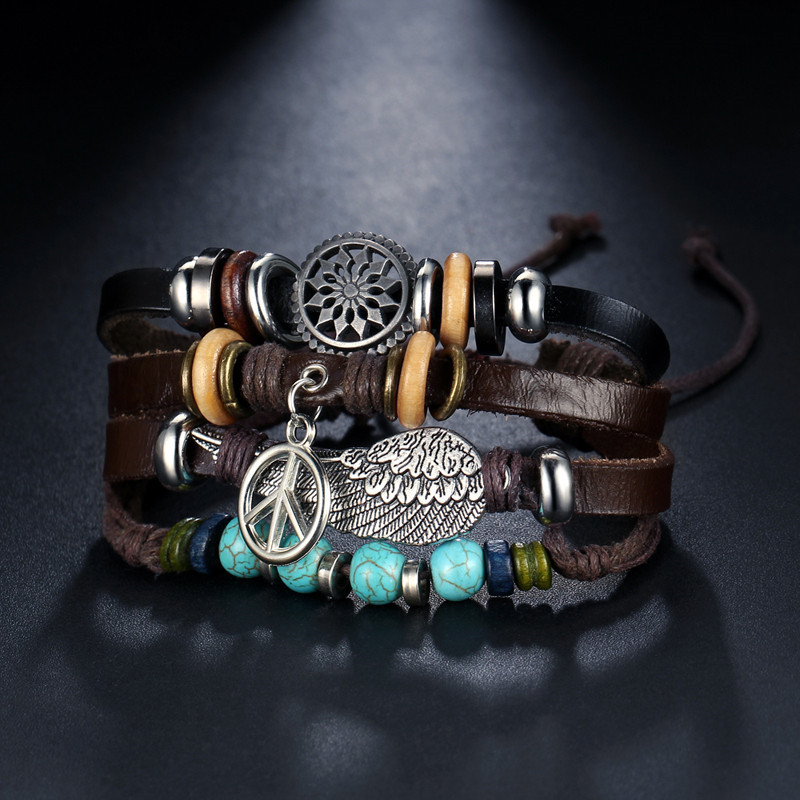 Pulseras Hombre Cuerda Piel Set 4 Amor Y Paz