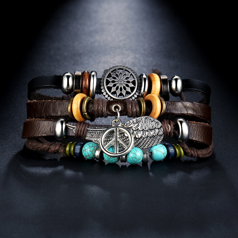 Pulseras Hombre Cuerda Piel Set 4 Amor Y Paz