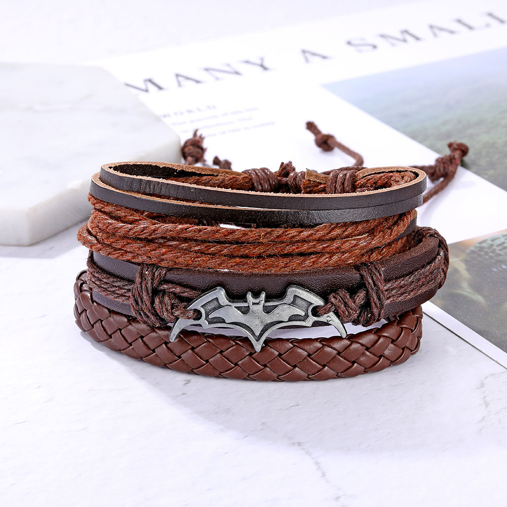 Pulseras Hombre Cuerda Piel Set 3 Con Placa De Batman
