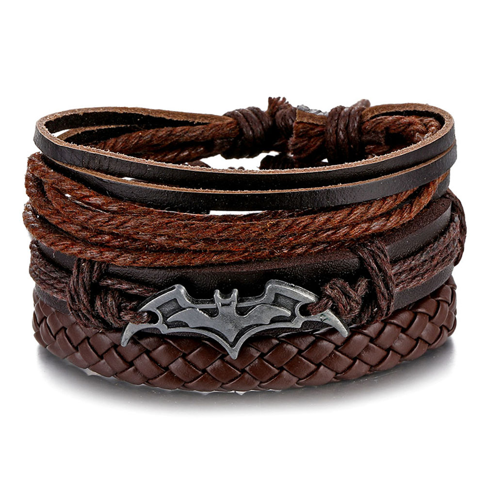 Pulseras Hombre Cuerda Piel Set 3 Con Placa De Batman