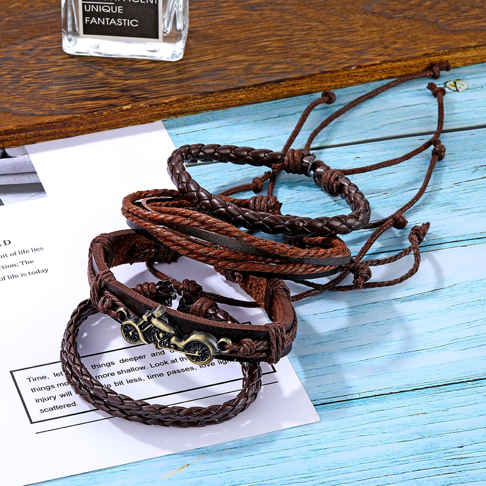 Pulseras Hombre Cuerda Piel Set 4 Con Dije De Motocicleta