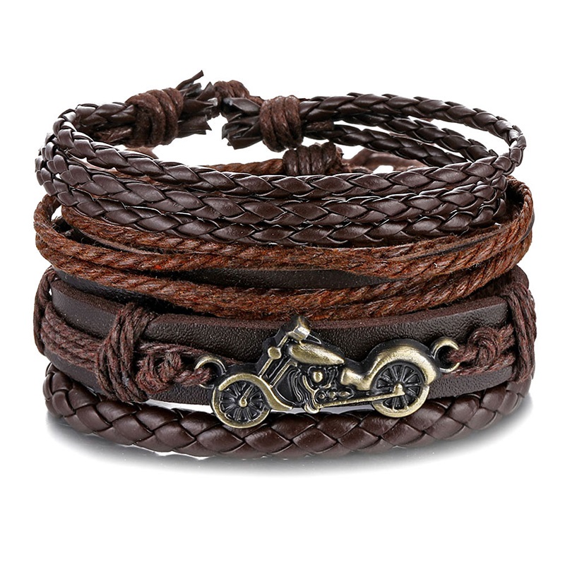 Pulseras Hombre Cuerda Piel Set 4 Con Dije De Motocicleta