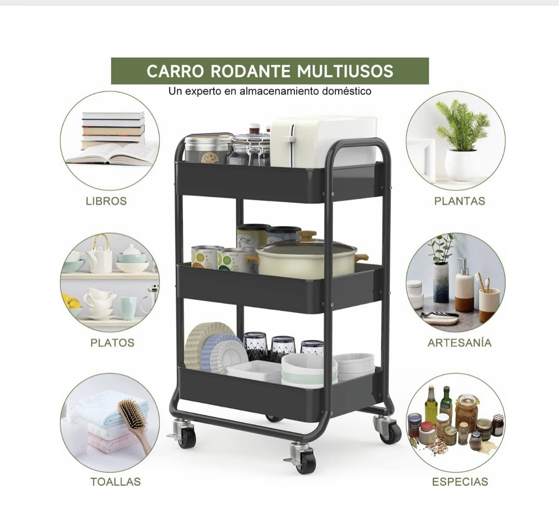 Carrito Organizador Multiusos 3 Niveles Ruedas 360 De Metal Blanco, FUNBU