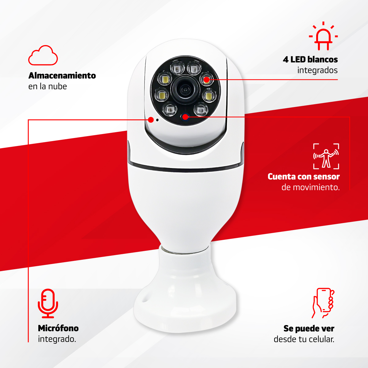 Camara de Seguridad 360 con Libre Rotacion Vision Nocturna Infrarroja Sensor de Movimiento Iluminacion Automatica Vigilancia desde App Multiusuarios Simultaneos y Almacenamiento en SD y en Nube / Master / IOT-BULBCAM