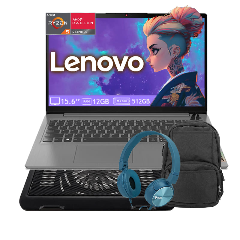 Laptop Lenovo Ideapad 3 Ryzen 5-5625u Ram 12GB - Disco SSD 512GB Pantalla 15.6'' Windows 11 - Gris + Audifono + Base Enfriadora + Mochila