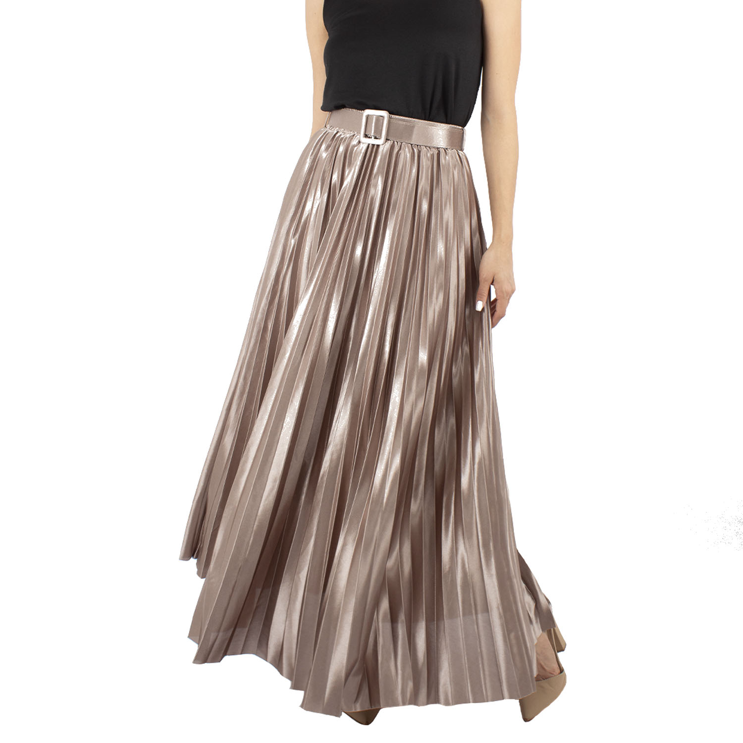 Maxi falda satinada plisada con cinto 