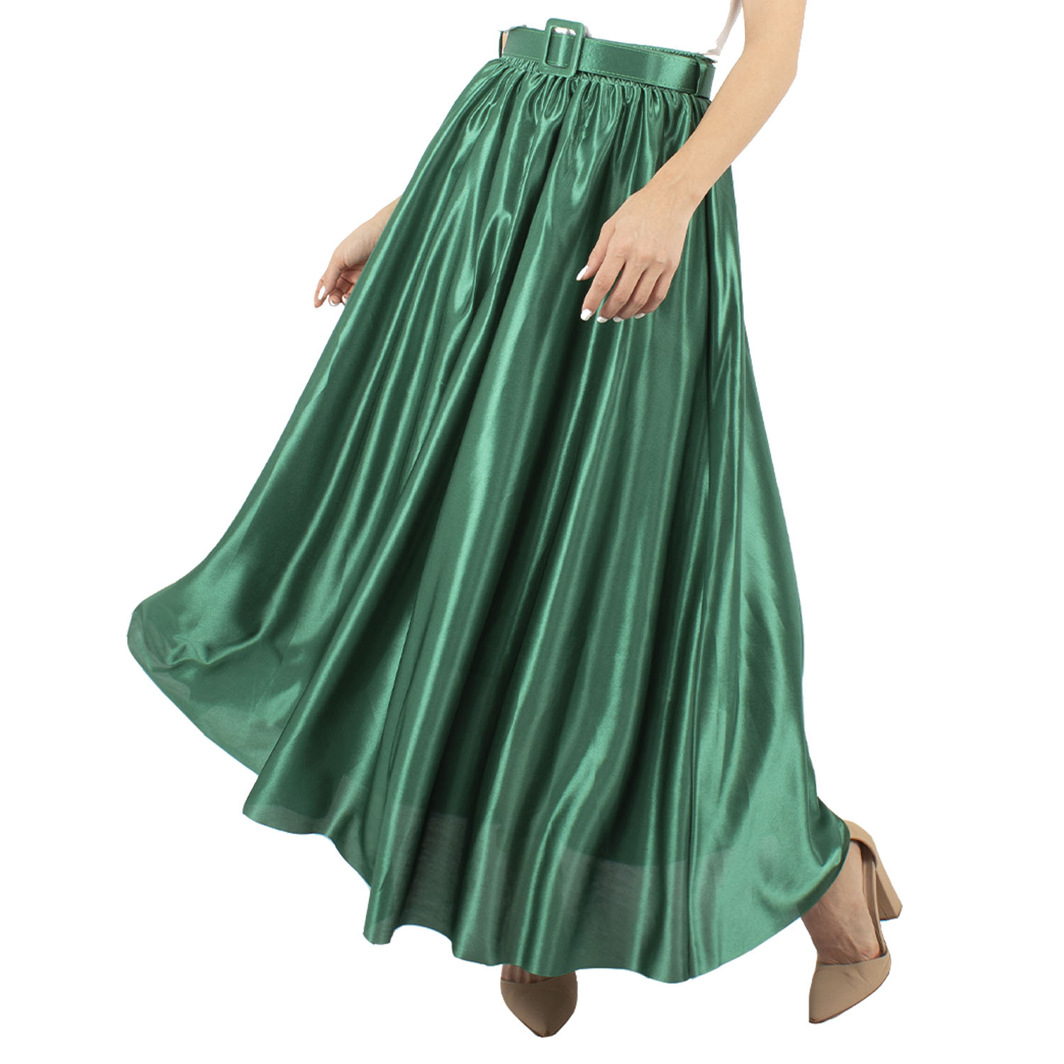 Maxi falda semicircular satinada con cinto