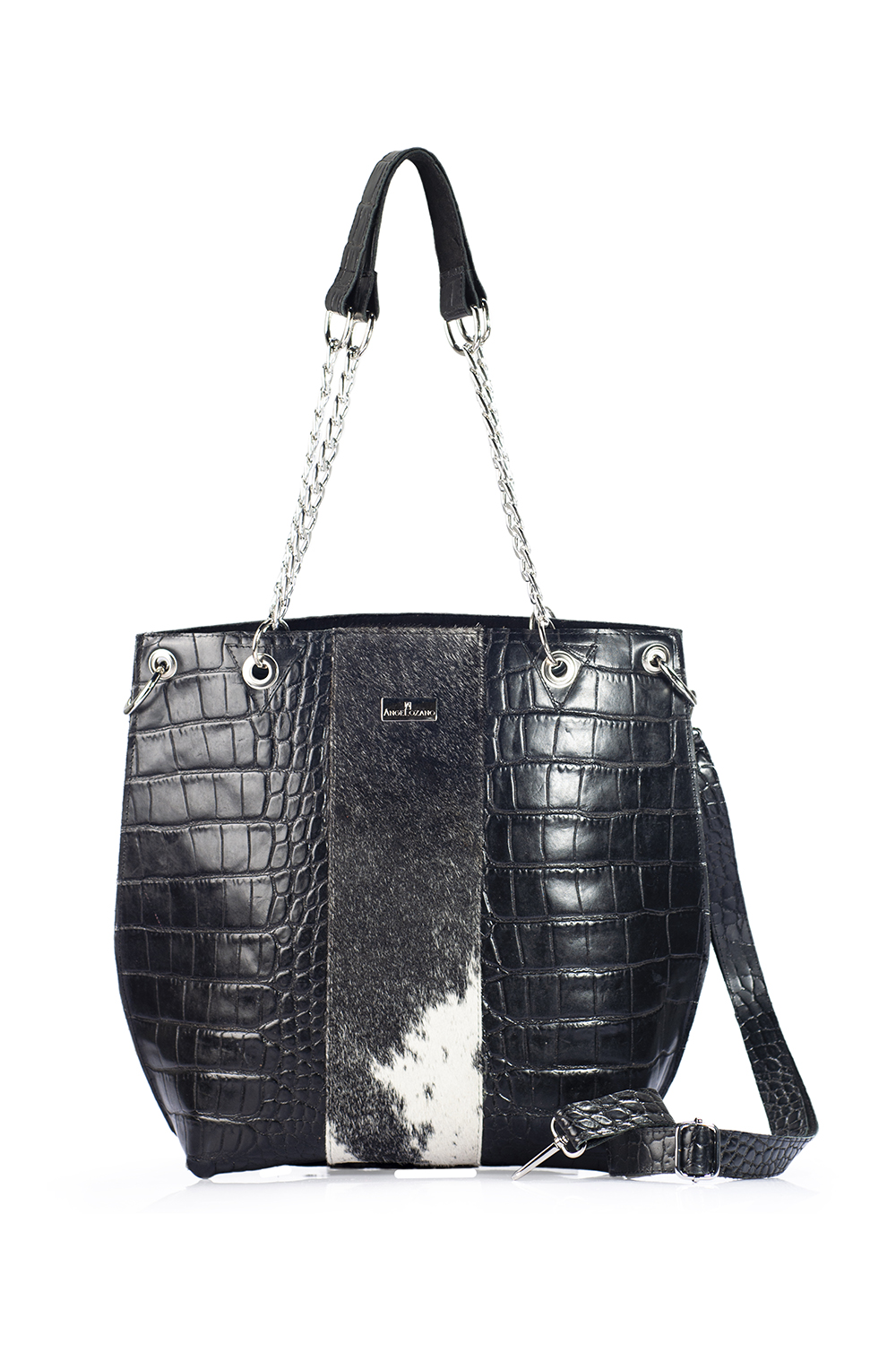 Bolso tipo Tote A ÁNGELOZANO de piel vacuna con detalles de pelo de vaca color negro Modelo Delia