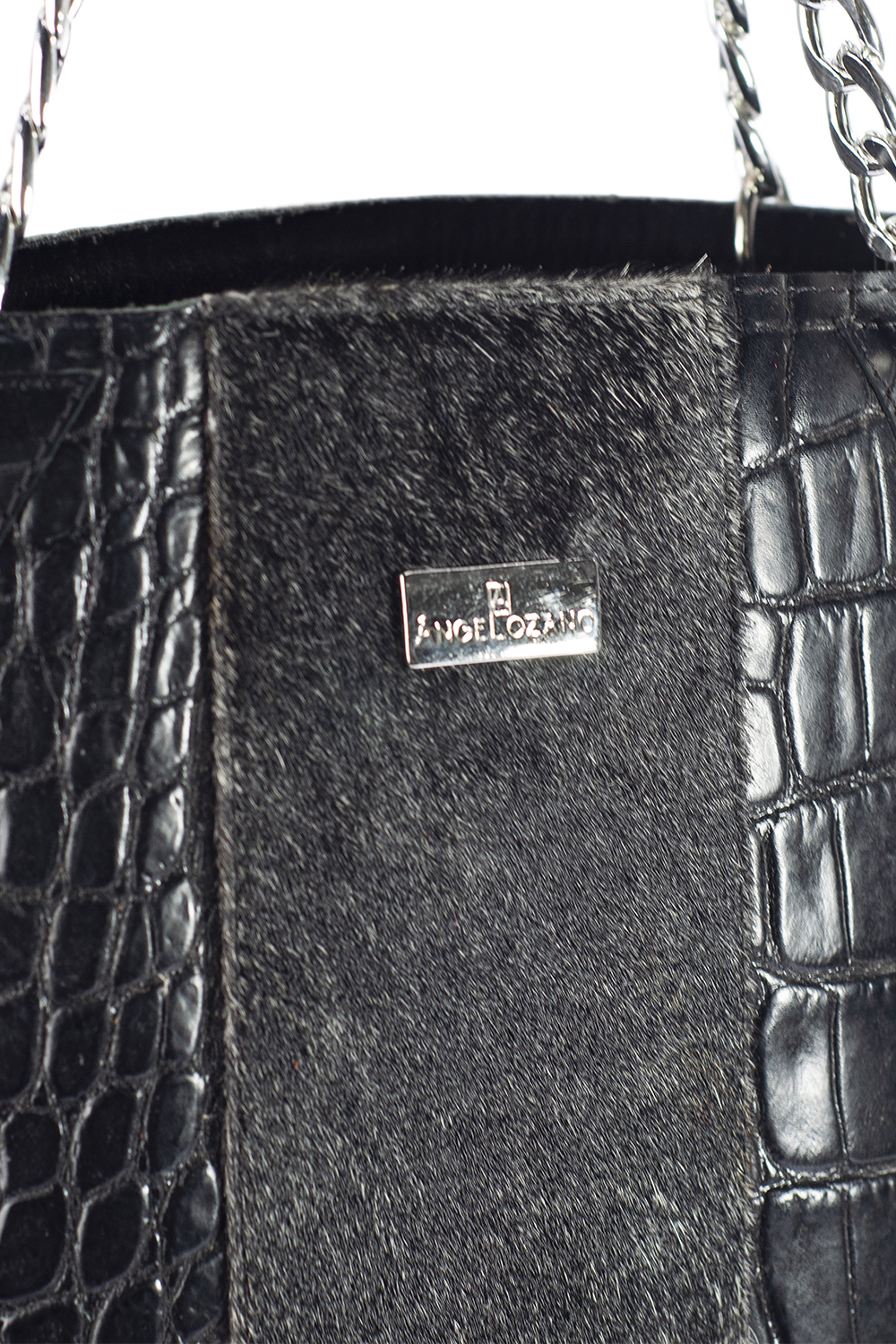 Bolso tipo Tote A ÁNGELOZANO de piel vacuna con detalles de pelo de vaca color negro Modelo Delia