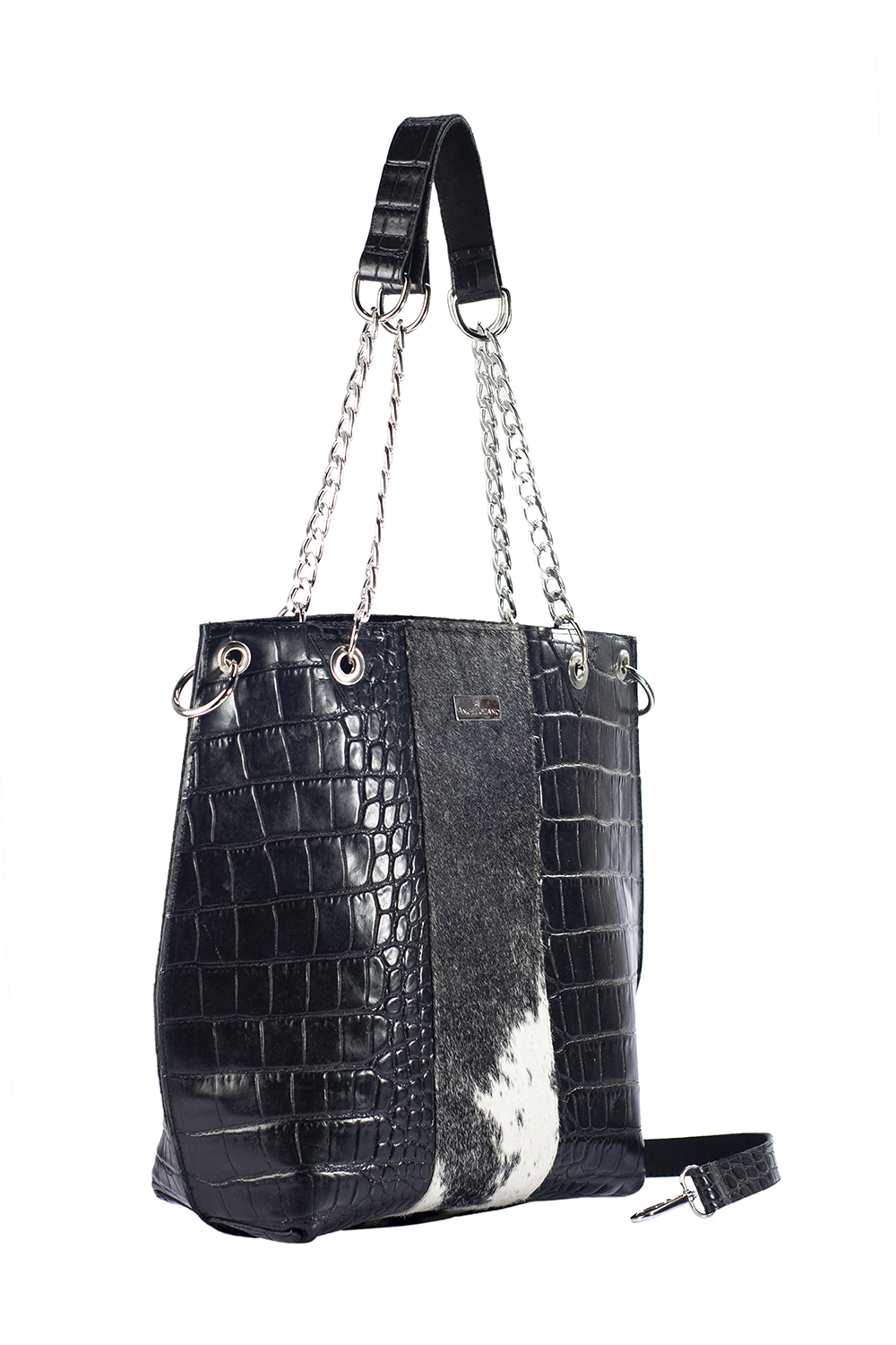 Bolso tipo Tote A ÁNGELOZANO de piel vacuna con detalles de pelo de vaca color negro Modelo Delia
