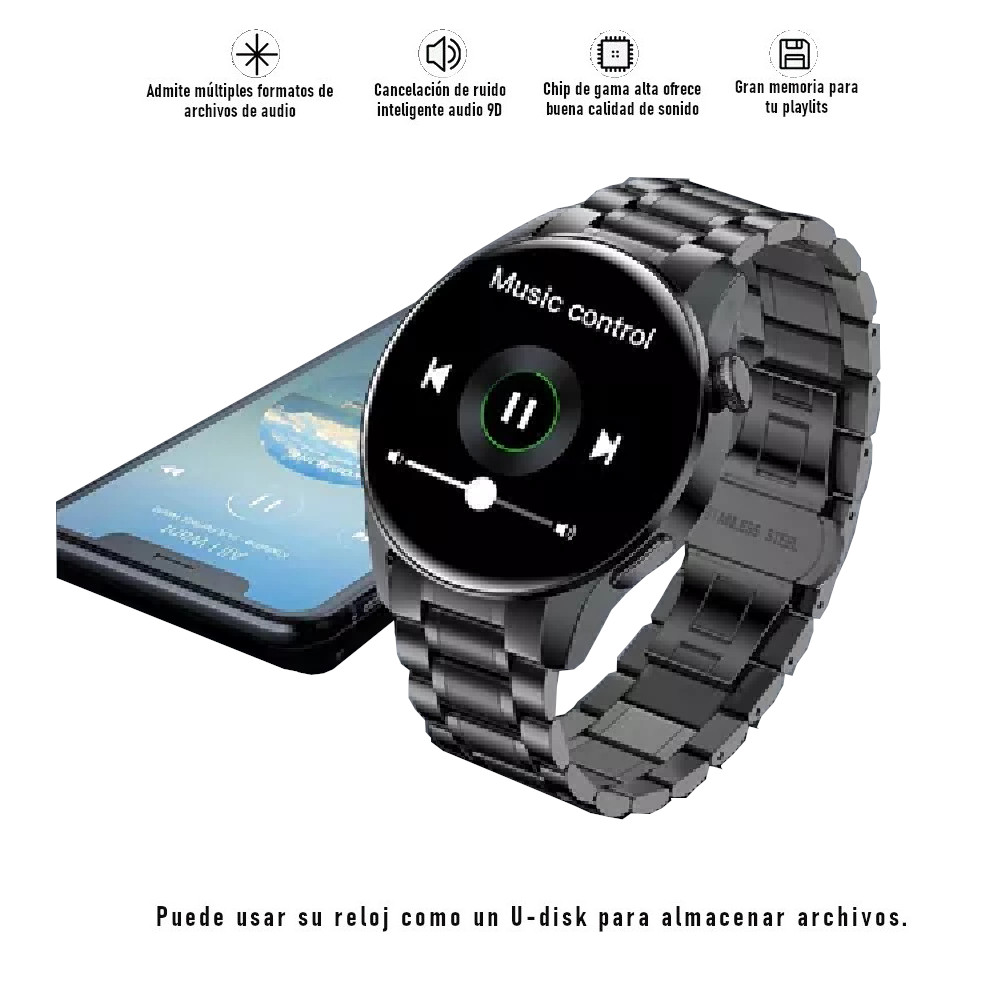 Reloj inteligente smart watch bluetooth multifuncional, metálico, resistente al agua.