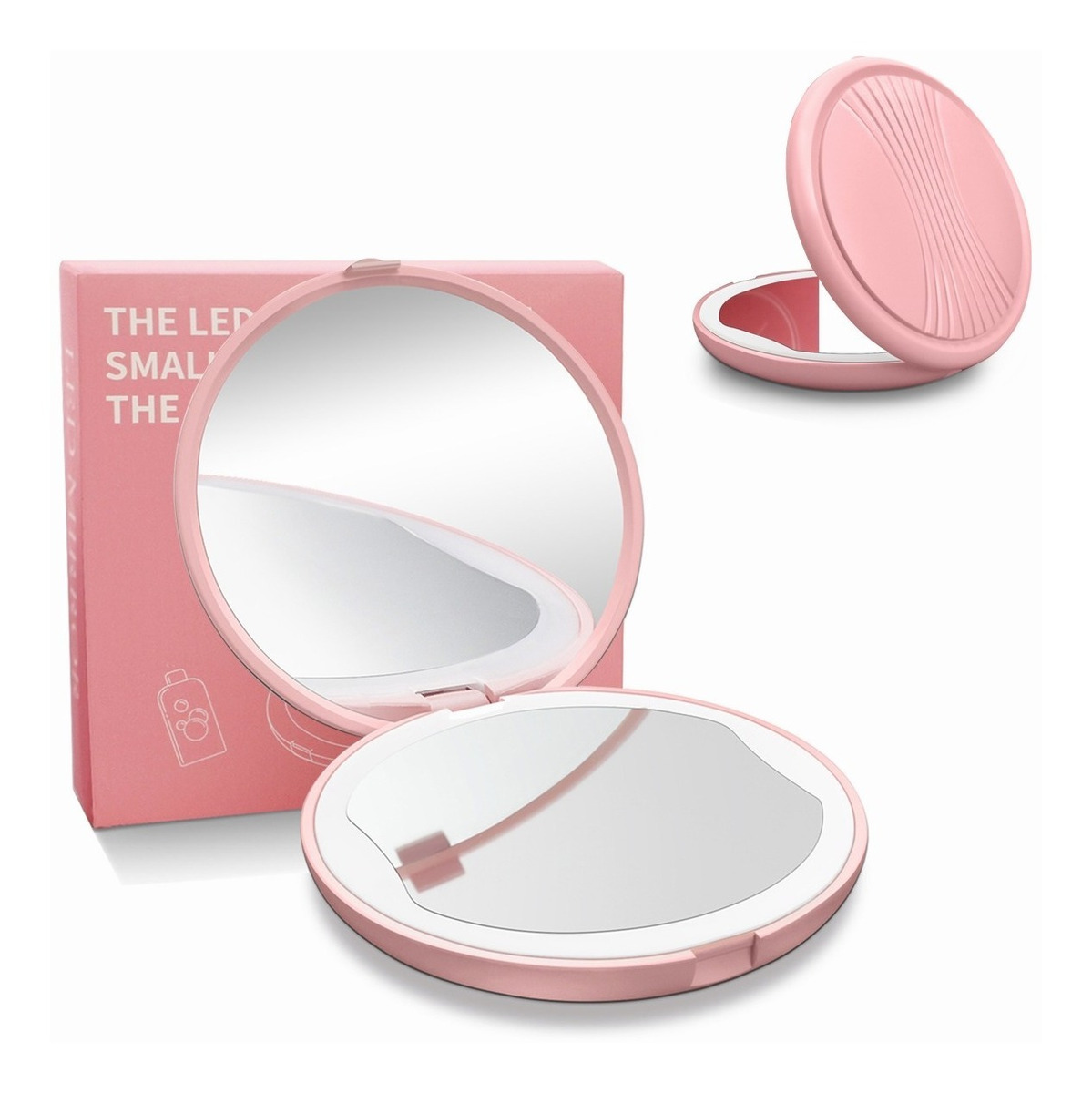 Espejo Para Maquillaje Luz Led Bolsillo Portatil 1x5 Aumento ROSA, FUNBU