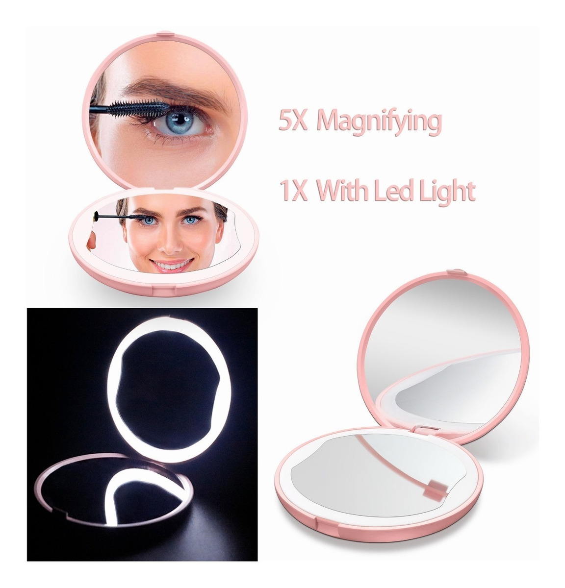 Espejo Para Maquillaje Luz Led Bolsillo Portatil 1x5 Aumento BLANCO, FUNBU