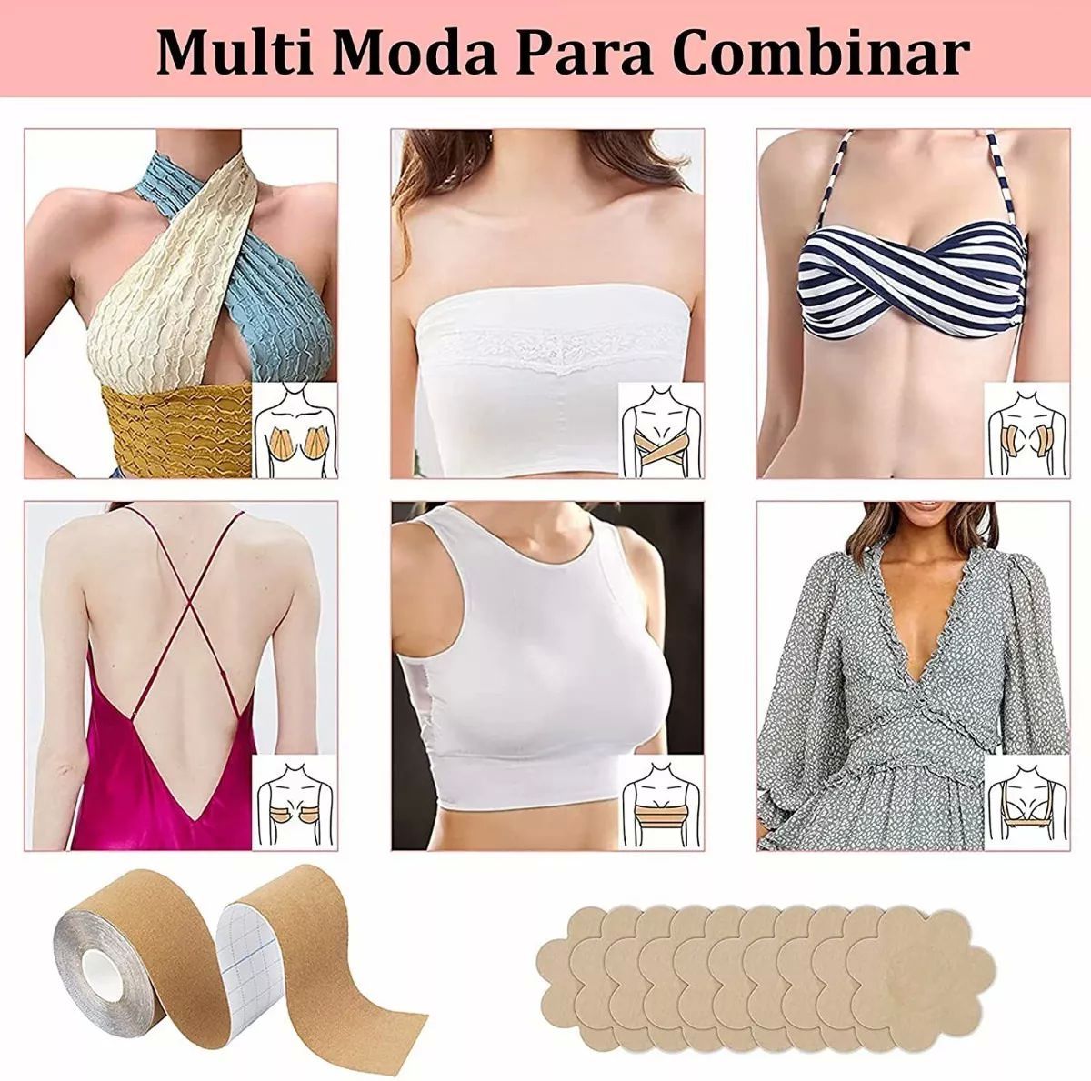  Cinta Levanta Busto Invisible Push Up Brasier Strapless, Boop Tape 5m +10 Protectores