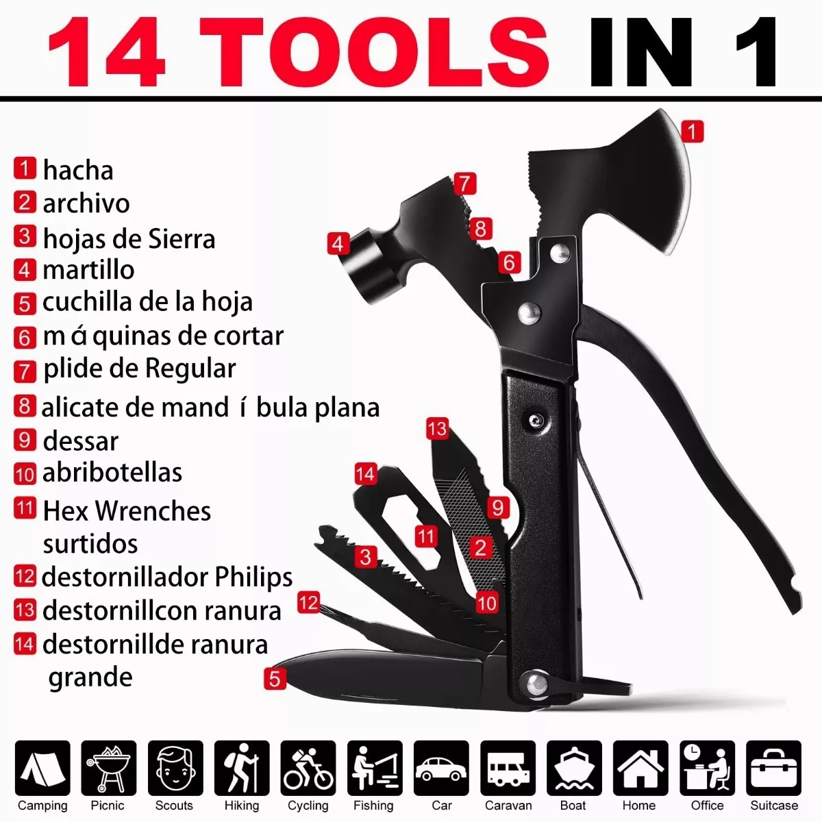 Multiherramienta Portatil Martillo Y Hacha 14 En 1 Con Funda